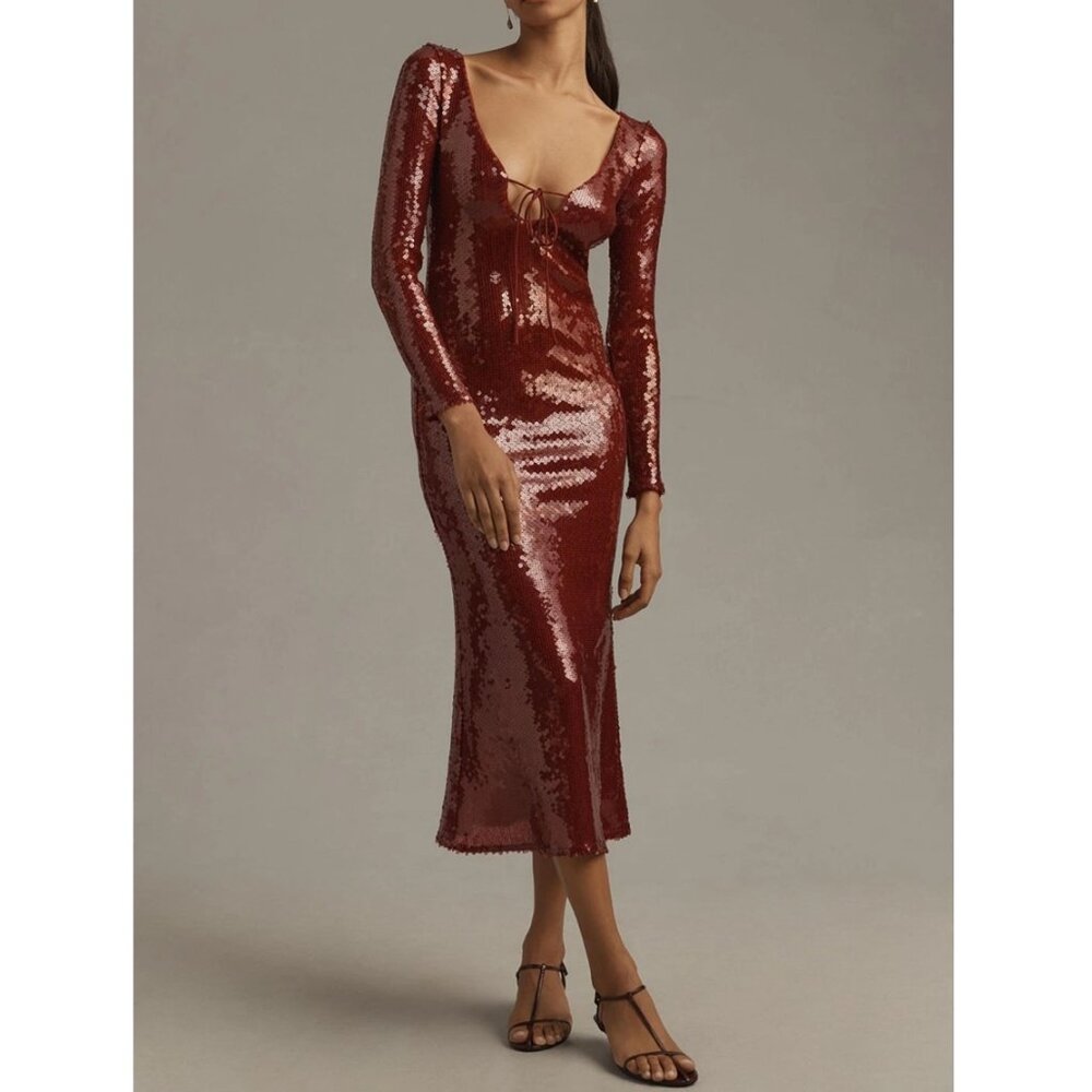 Anthropologie Bardot Verona Long Sleeve Sequin Slim Midi Dress Wine Size 2